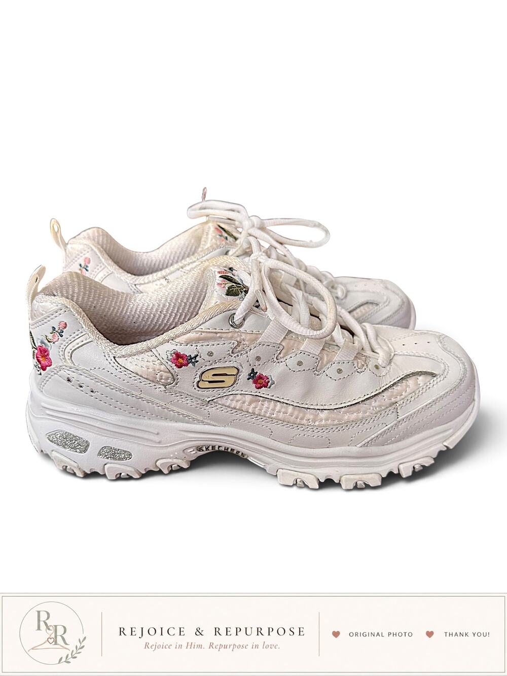Skechers D’Lites Bright Blossoms 11977 White Floral Embroidered Sneakers Size 8